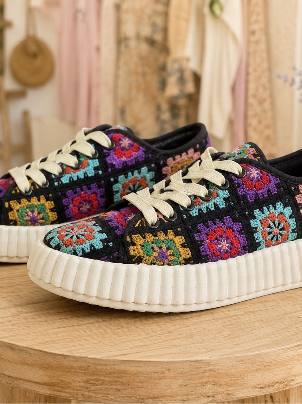Crochet Pattern Casual Sneakers - Black Multicolor